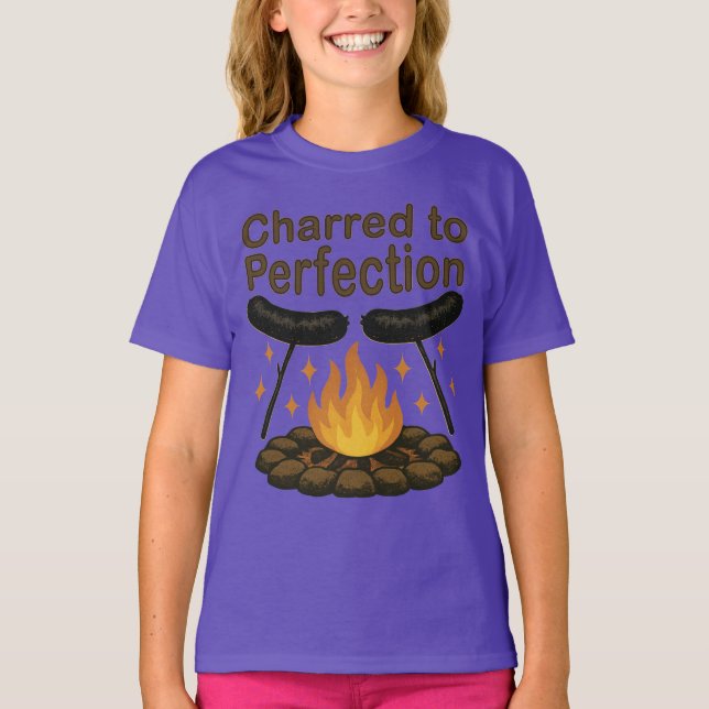 Charred to Perfection Funny Campfire Hot Dog T-Shirt (Front)
