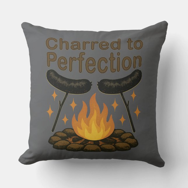 Charred to Perfection Funny Campfire Hot Dog Throw Pillow (Front)