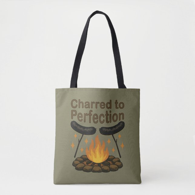 Charred to Perfection Funny Campfire Hot Dog Tote Bag (Front)