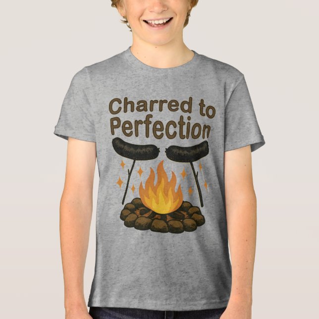 Charred to Perfection Funny Campfire Hot Dog Tri-Blend Shirt (Front)