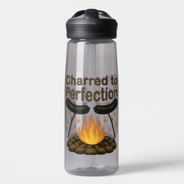 Charred to Perfection Funny Campfire Hot Dog Water Bottle (Front)