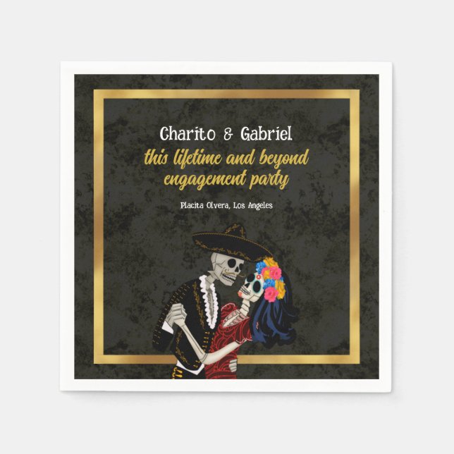 Charro and Catrina Sugar Skulls Black Napkins (Front)