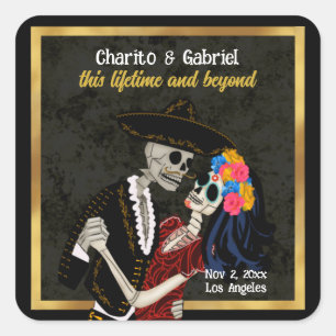Charro and Catrina Sugar Skulls Black Square Sticker
