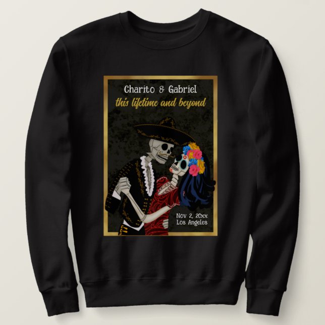 Charro and Catrina Sugar Skulls Black Sweatshirt (Design Front)