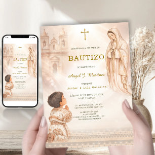 Charro Bautizo Niño Virgen Guadalupe Iglesia Beige Invitation