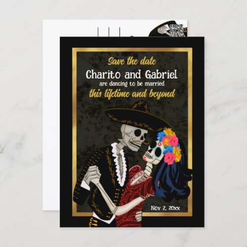 Charro Catrina Sugar Skulls Black Save the Date Postcard