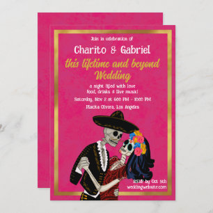 Charro Catrina Sugar Skulls Dancing Pink Wedding Invitation