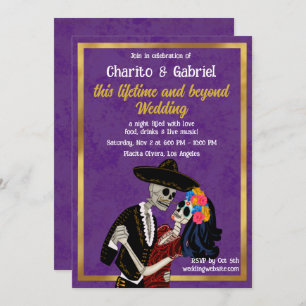 Charro Catrina Sugar Skulls Dancing Purple Wedding Invitation