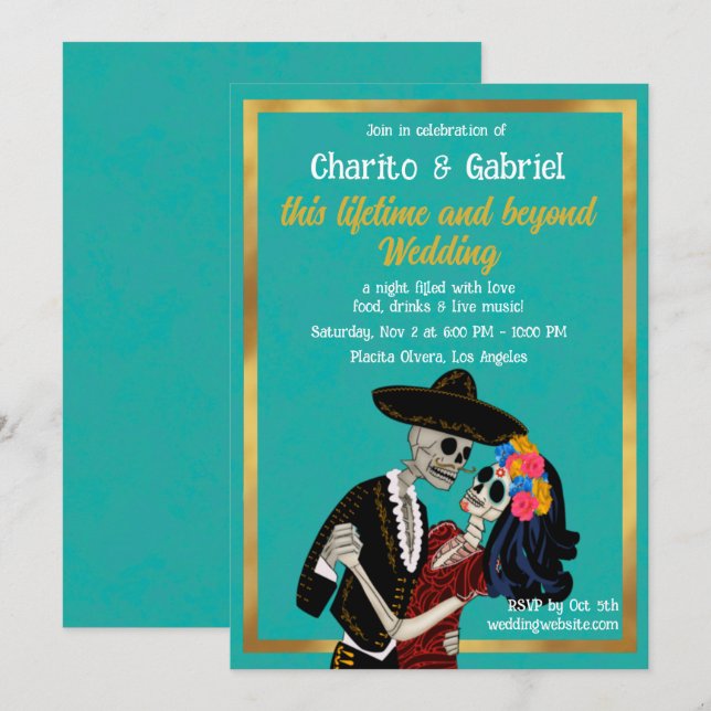 Charro Catrina Sugar Skulls Dancing Teal Wedding Invitation (Front/Back)
