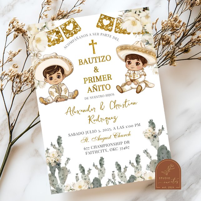Charro Gold White Twins Baptism and First Birthday Invitation (Creator Uploaded)