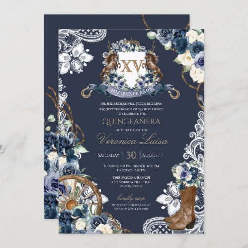 Charro Horse Crest Royal Navy Blue Quinceanera Inv Invitation