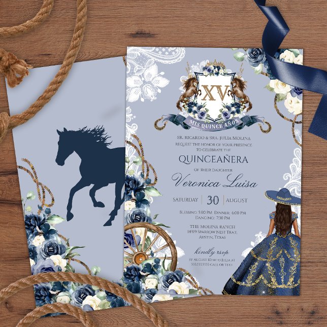 Charro Horse Crest Royal Navy Blue Quinceanera Inv Invitation (Creator Uploaded)
