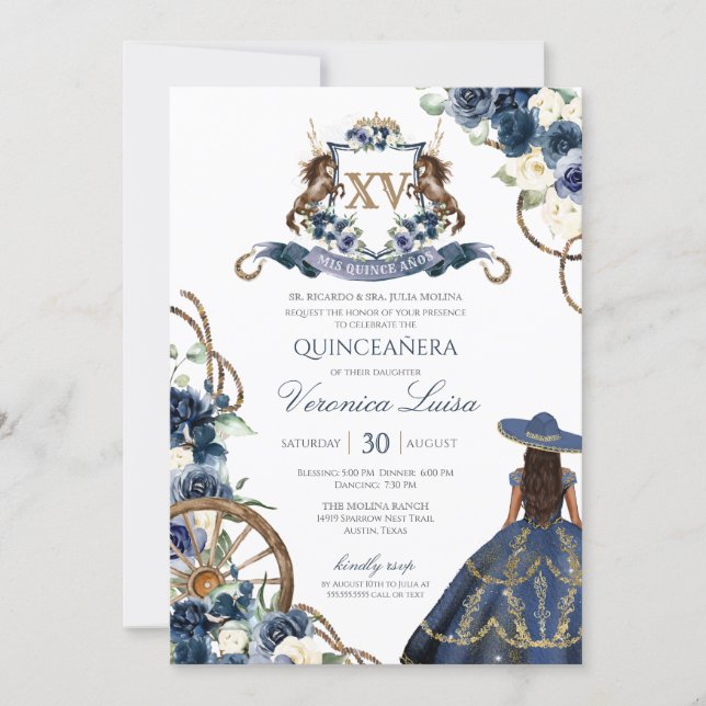 Charro Horse Crest Royal Navy Blue Quinceanera Inv Invitation (Front)