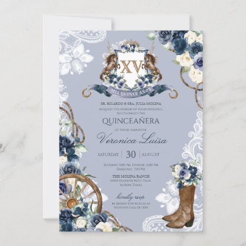 Charro Horse Crest Royal Navy Blue Quinceanera Invitation