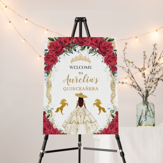 Charro Horses Red Roses White Dress Quinceañera Foam Board (In Situ (Stand))