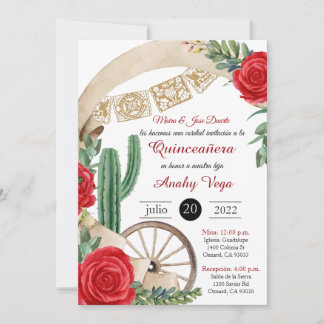 Charro Huapango Quinceanera Invitation, Red Roses Invitation