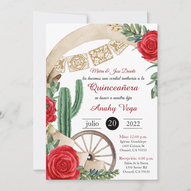 Charro Huapango Quinceanera Invitation, Red Roses Invitation (Front)