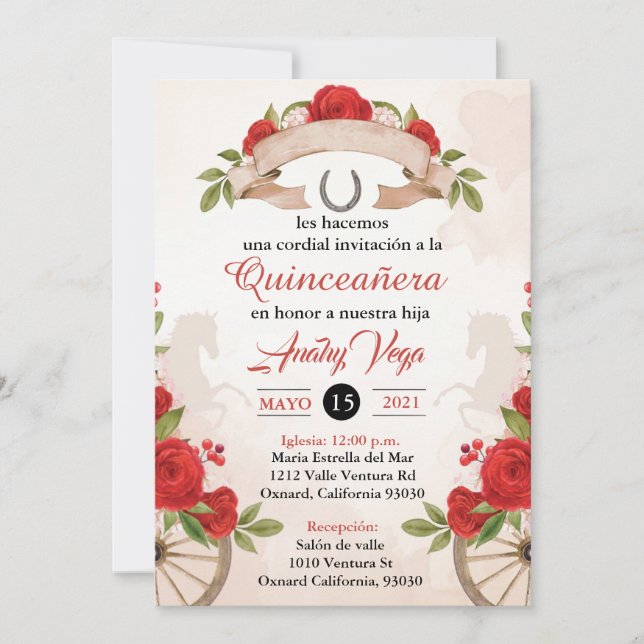 Charro/Huapango Quinceanera Invitation, Red Roses Invitation (Front)