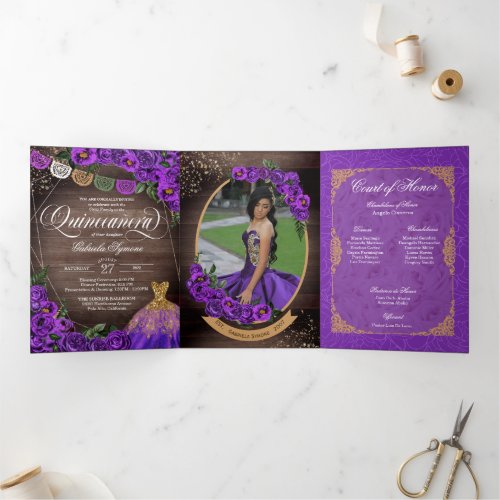 Charro Purple Roses Country Add Photo Quinceaera Tri_Fold Invitation