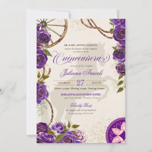 Charro Purple Roses Western Ranch Quinceanera Invitation