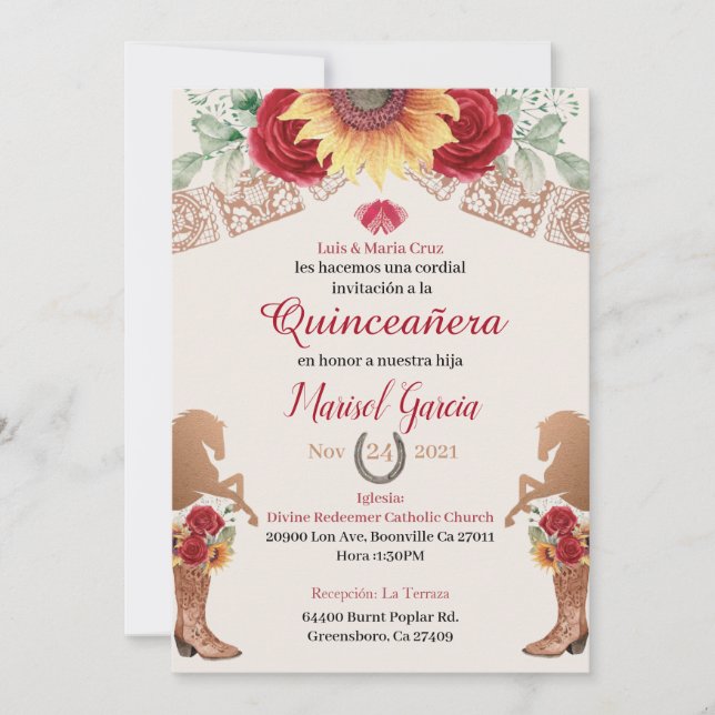  Charro Quinceanera Invitation, Red Roses invite (Front)