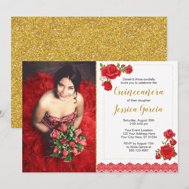 Charro Quinceañera Invitation | Roses and Lace (Front/Back)