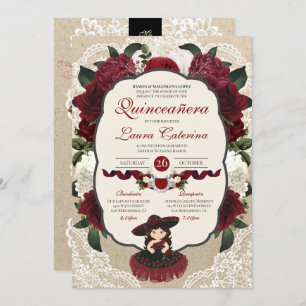Charro Quinceanera Red Burgundy Floral Birthday Invitation
