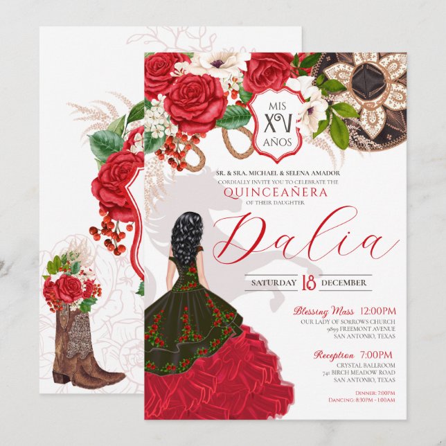 Charro Quinceañera Red Rose Western Princess Gown Invitation (Front/Back)