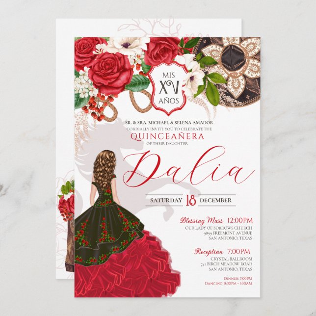 Charro Quinceañera Red Roses Floral Crest Western  Invitation (Front/Back)
