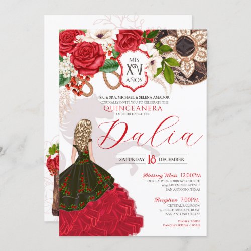 Charro Quinceaera Red Roses Floral Crest Western Invitation