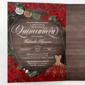 Charro Red Roses Gold Add Your Photos Quinceañera  Tri-Fold Invitation (Inside First)