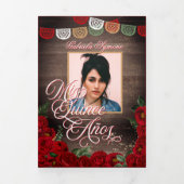 Charro Red Roses Gold Add Your Photos Quinceañera  Tri-Fold Invitation (Cover)