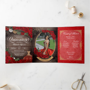 Charro Red Roses Gold Add Your Photos Quinceañera  Tri-Fold Invitation