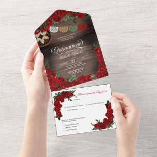 Charro Red Roses Rustic Country Quinceanera All In One Invitation