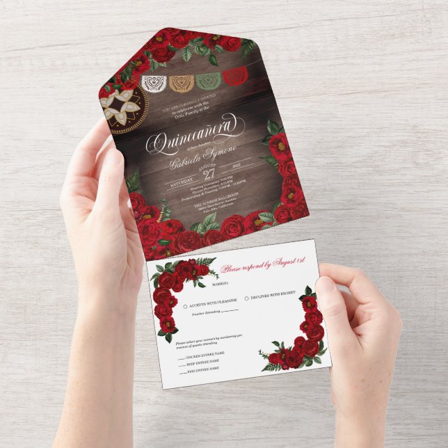Charro Red Roses Rustic Country Quinceanera  All In One Invitation (Tearaway)