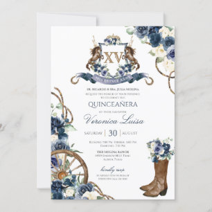 Charro Royal Navy Blue Floral Crest Quinceanera Invitation