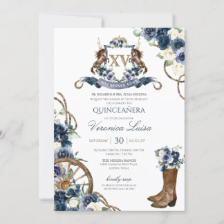 Charro  Royal Navy Blue Floral Crest Quinceanera  Invitation