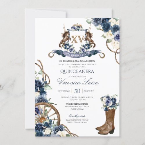 Charro  Royal Navy Blue Floral Crest Quinceanera  Invitation