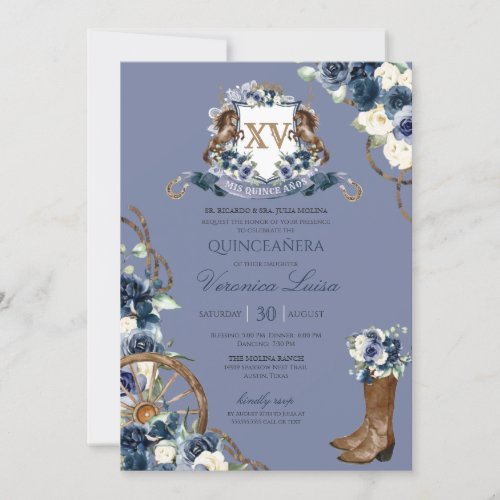 Charro  Royal Navy Blue Floral Crest Quinceanera   Invitation