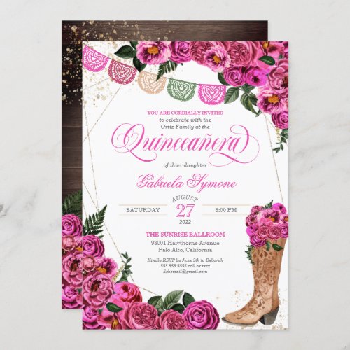 Charro Rustic Cowgirl Boots Pink Rose Quinceaera  Invitation