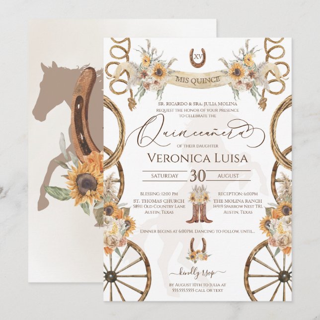 Charro Sunflower Country Rustic Floral Quinceanera Invitation (Front/Back)