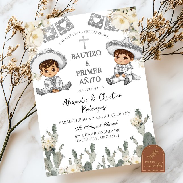 Charro Twins Boy Mexican Baptism & First Birthday Invitation (Creator Uploaded)