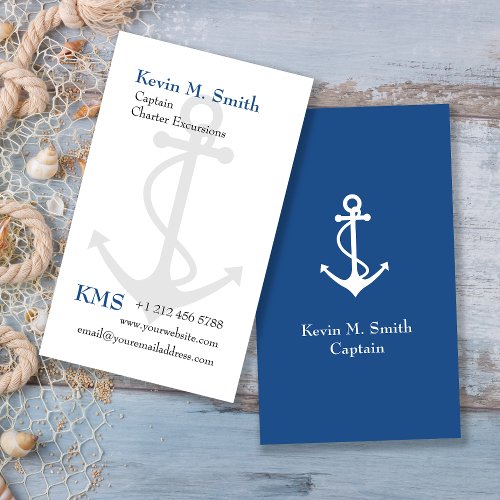Charter Boat Captain Anchor Blue and White Business Card