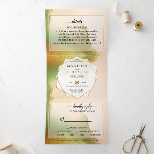 Chartreuse Abstract Wonderful Wedding Tri_Fold Invitation