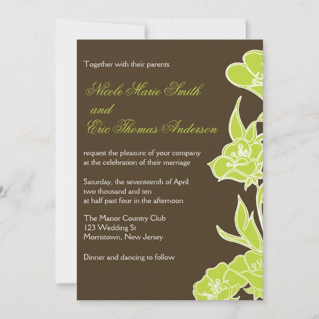 Chartreuse and Brown Floral Wedding Invitations (Front)