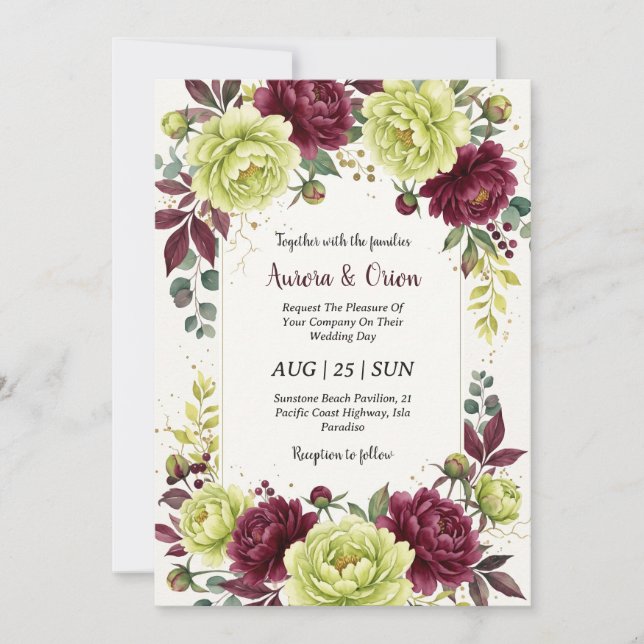 chartreuse and burgundy wedding invitations (Front)