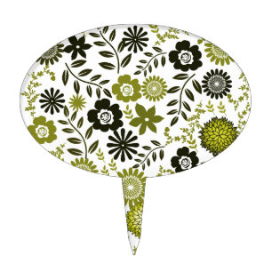 Chartreuse and Dark olive green floral pattern Cake Topper