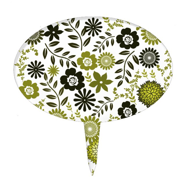 Chartreuse and Dark olive green floral pattern Cake Topper (Front)