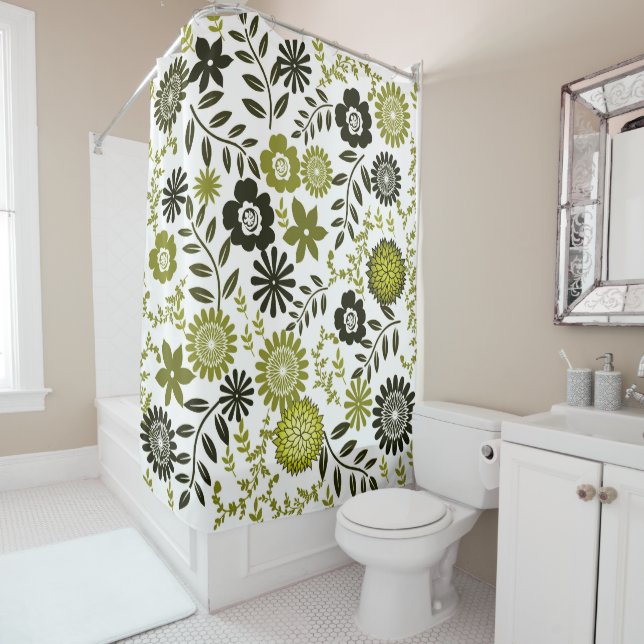 Chartreuse and Dark olive green floral pattern Shower Curtain (In Situ)