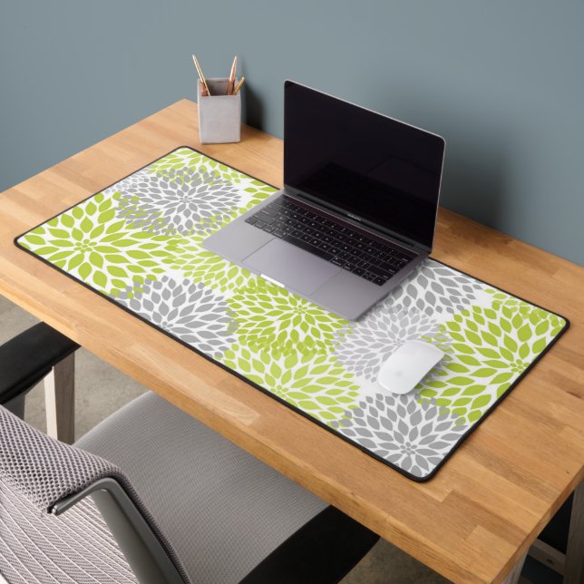Chartreuse and Gray Dahlia Floral Desk Mat (Office 2)